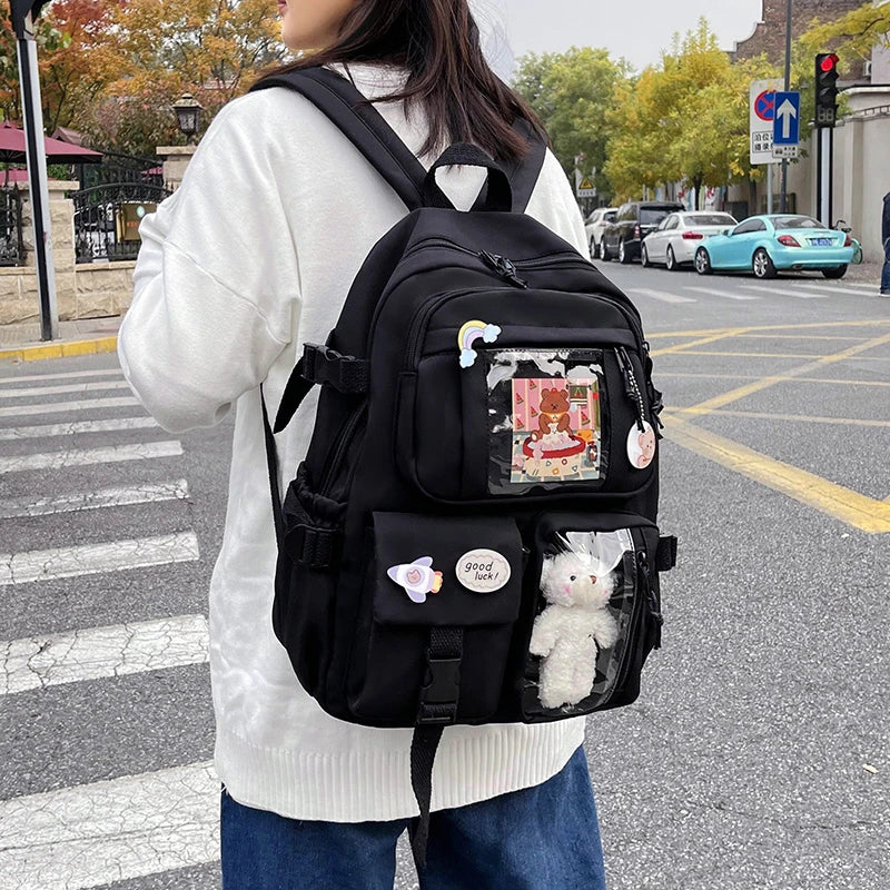 Fengdong Cute girls school bags Waterproof Multi-Pocket Nylon School Backpack for Student Female Girls Kawaii Laptop Book Pack