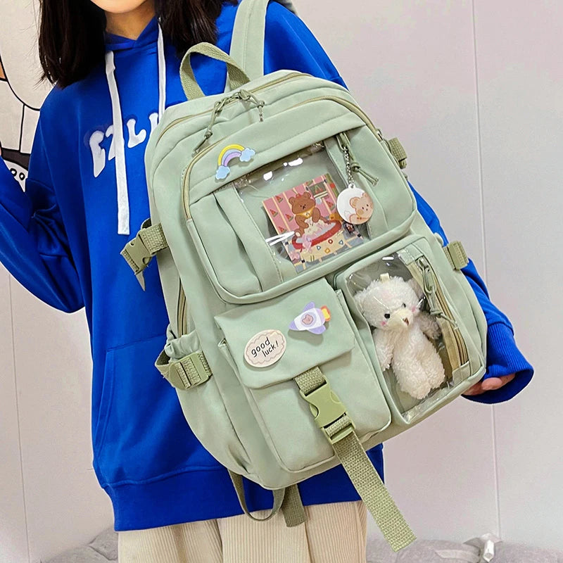 Fengdong Cute girls school bags Waterproof Multi-Pocket Nylon School Backpack for Student Female Girls Kawaii Laptop Book Pack