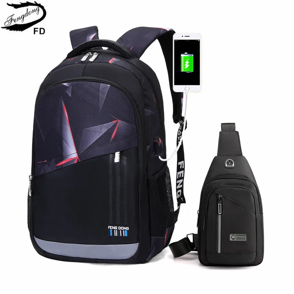 Fengdong High school backpack for boy sling shoulder chest bag pack men school bags male usb charge bag college laptop backpack