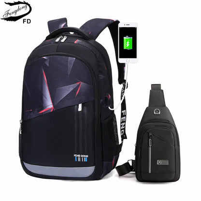 Fengdong High school backpack for boy sling shoulder chest bag pack men school bags male usb charge bag college laptop backpack