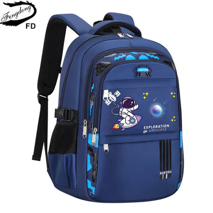 Fengdong Kids Backpack Cartoon Astronaut Teenages Schoolbag Primary school Waterproof Backpack Boys Orthopedic Mochila Infantile