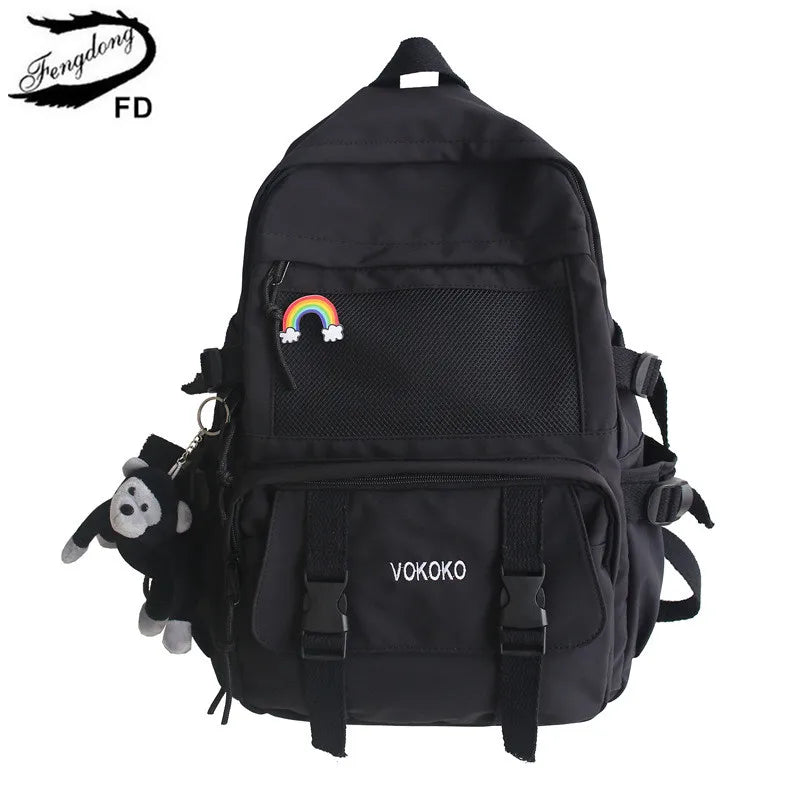 Fengdong Waterproof Nylon School Backpack For Girls Women Travel Backpack Large Capacity College Student Bookbag laptop backpack