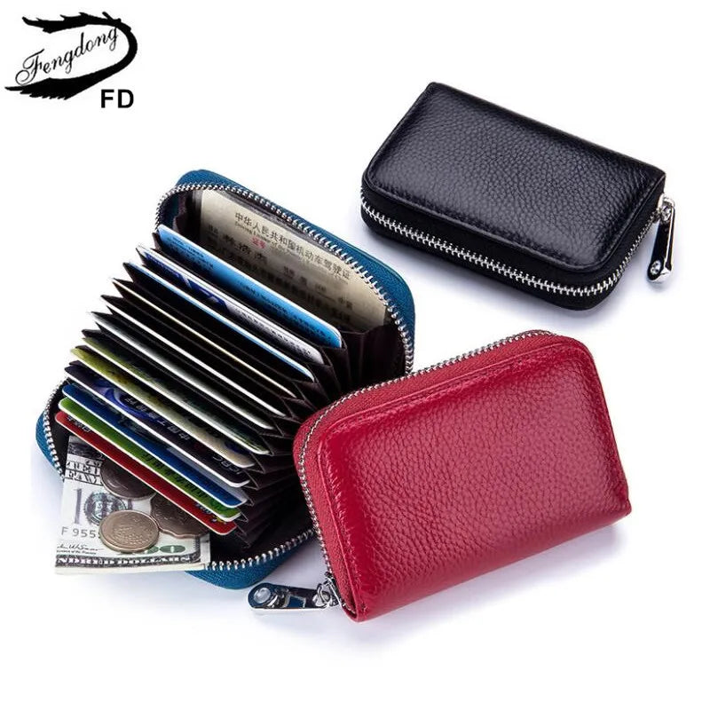 Fengdong anti rfid short wallet for credit cards women genuine leather small wallet id card holder mini card bag leather purse