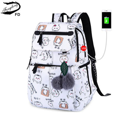 Fengdong brand backpack for girls school bags female cute cat back bag backpacks for teenage girls new year girl christmas gift