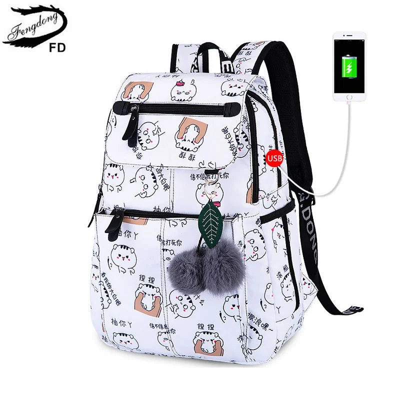 Fengdong brand backpack for girls school bags female cute cat back bag backpacks for teenage girls new year girl christmas gift