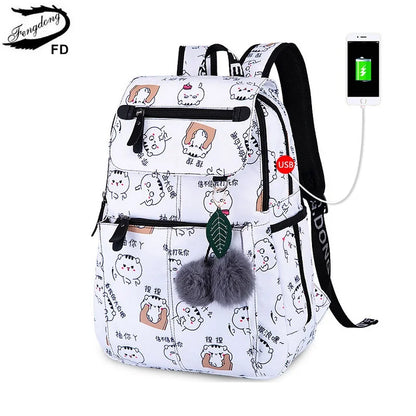 Fengdong brand backpack for girls school bags female cute cat back bag backpacks for teenage girls new year girl christmas gift
