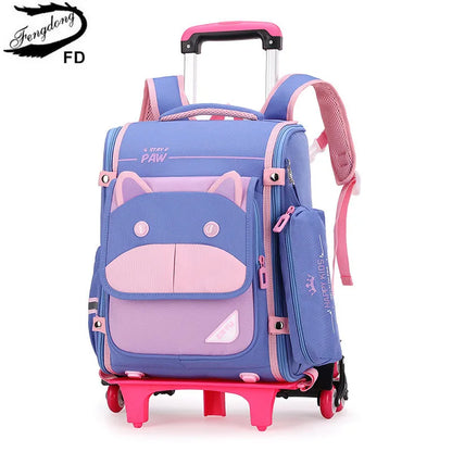 Fengdong children school backpack with wheels cute blue pink book bag pencil bag set detachable trolley school bags for girls
