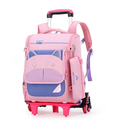Fengdong children school backpack with wheels cute blue pink book bag pencil bag set detachable trolley school bags for girls