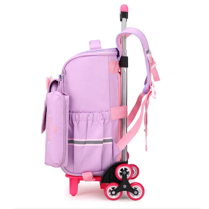 Fengdong children school backpack with wheels cute blue pink book bag pencil bag set detachable trolley school bags for girls