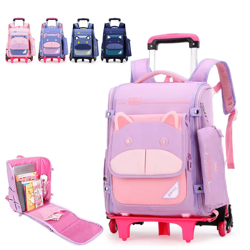 Fengdong children school backpack with wheels cute blue pink book bag pencil bag set detachable trolley school bags for girls