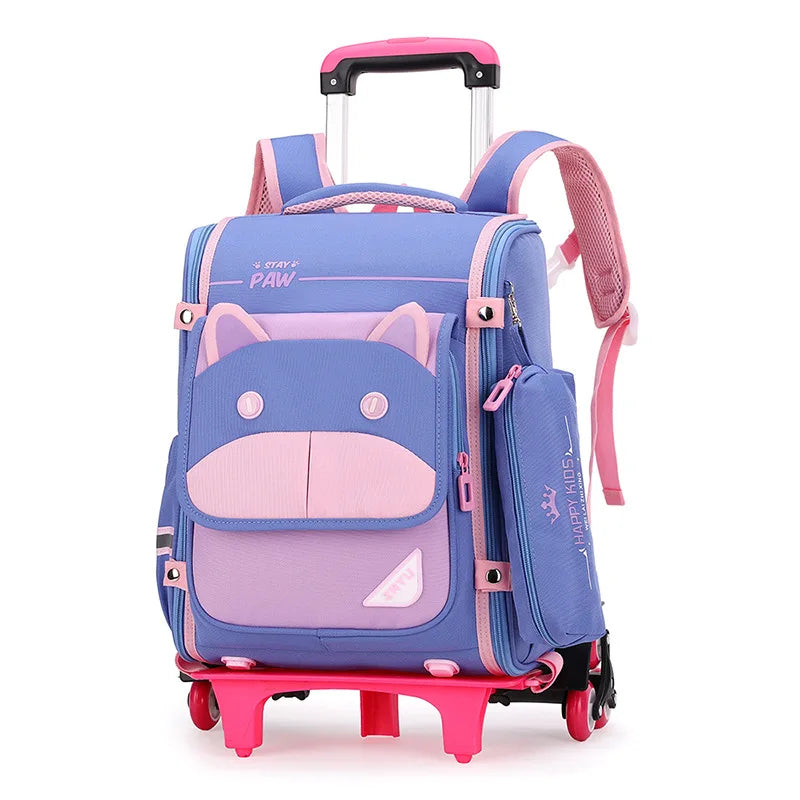 Fengdong children school backpack with wheels cute blue pink book bag pencil bag set detachable trolley school bags for girls