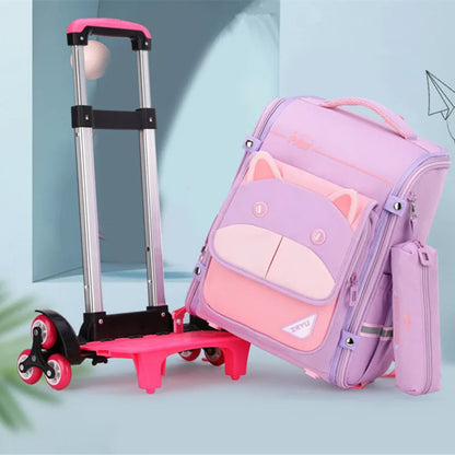 Fengdong children school backpack with wheels cute blue pink book bag pencil bag set detachable trolley school bags for girls