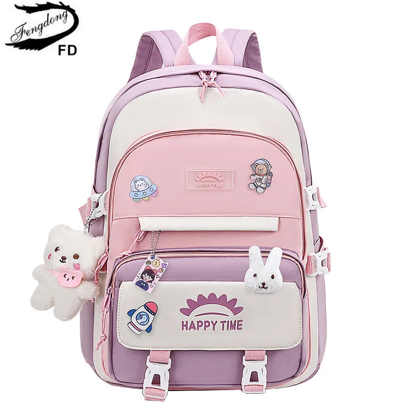 Fengdong cute korean school bag for girl kawaii school backpack pink purple bookbag elementary school student backpack kids gift
