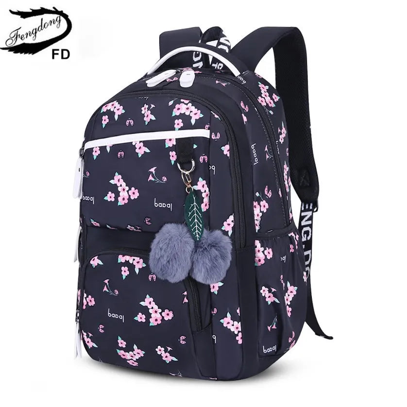 Fengdong cute school bags for teenage girls korean style school backpack for girls fur ball decoration children bag girl gift