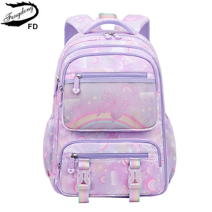 Fengdong elementary school bags for kid girls purple school backpack large capacity student rainbow bag for books children gift