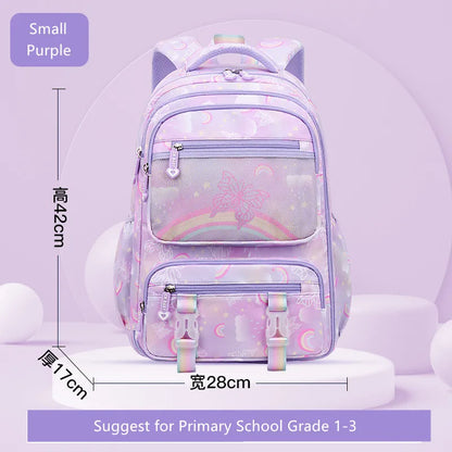 Fengdong elementary school bags for kid girls purple school backpack large capacity student rainbow bag for books children gift