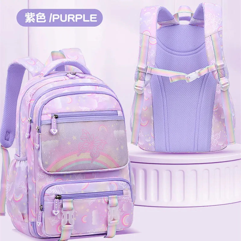 Fengdong elementary school bags for kid girls purple school backpack large capacity student rainbow bag for books children gift