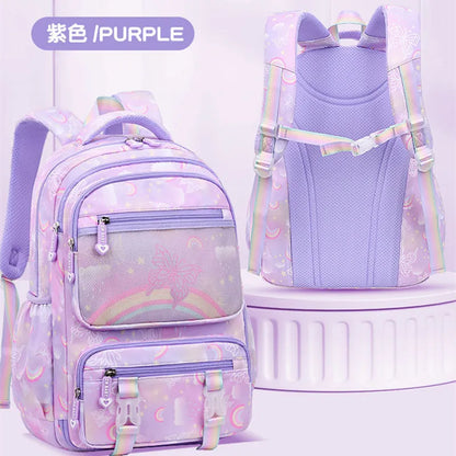 Fengdong elementary school bags for kid girls purple school backpack large capacity student rainbow bag for books children gift