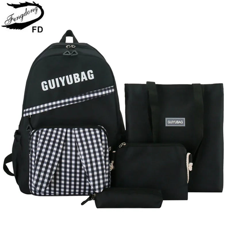 Fengdong elementary school bags for kids girls plaid school backpack primary student bookbag pencil bag backpack set 4 pieces