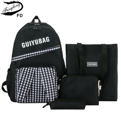 Fengdong elementary school bags for kids girls plaid school backpack primary student bookbag pencil bag backpack set 4 pieces