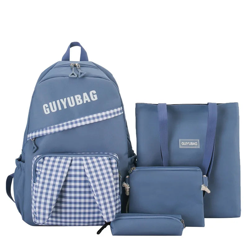 Fengdong elementary school bags for kids girls plaid school backpack primary student bookbag pencil bag backpack set 4 pieces