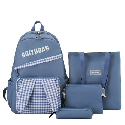 Fengdong elementary school bags for kids girls plaid school backpack primary student bookbag pencil bag backpack set 4 pieces