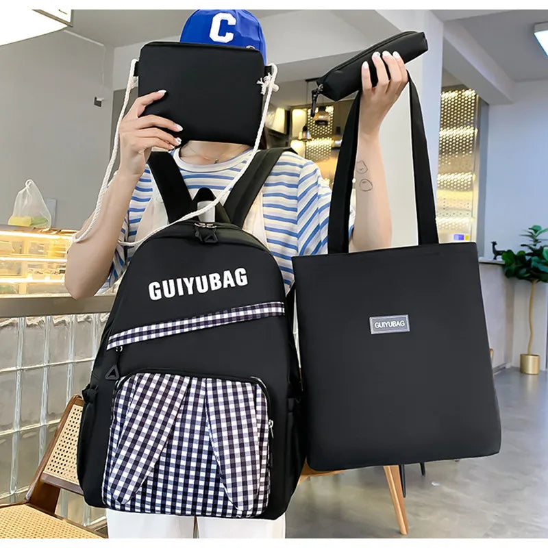 Fengdong elementary school bags for kids girls plaid school backpack primary student bookbag pencil bag backpack set 4 pieces