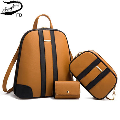 Fengdong fashion PU leather backpack for women brown luxury backpack woman shoulder bag card bag set crossbody bag women gift