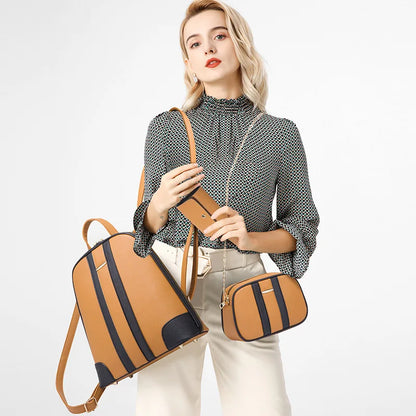 Fengdong fashion PU leather backpack for women brown luxury backpack woman shoulder bag card bag set crossbody bag women gift