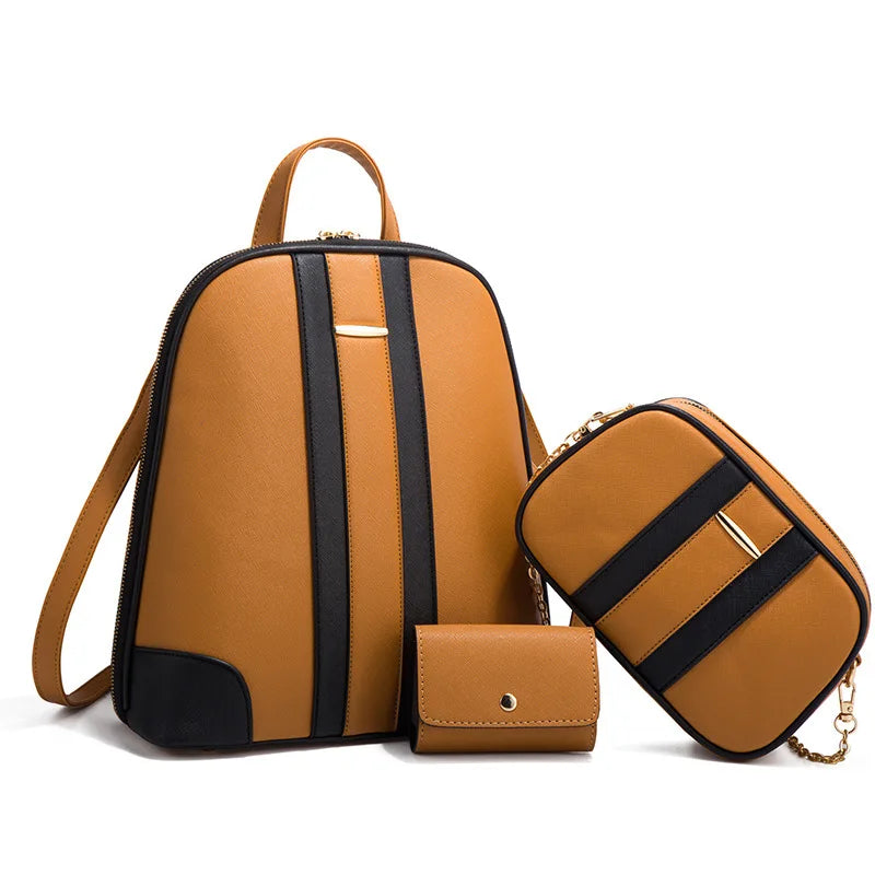 Fengdong fashion PU leather backpack for women brown luxury backpack woman shoulder bag card bag set crossbody bag women gift