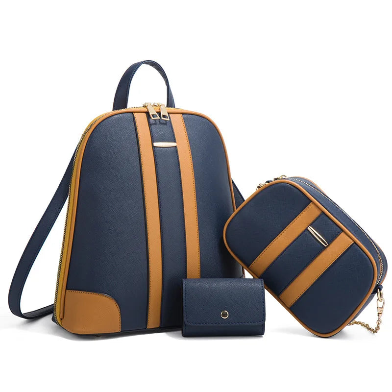 Fengdong fashion PU leather backpack for women brown luxury backpack woman shoulder bag card bag set crossbody bag women gift