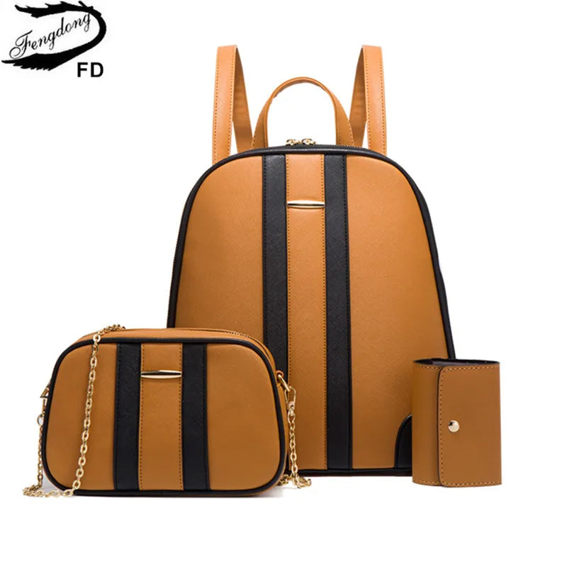 Fengdong fashion PU leather backpack for women brown luxury backpack woman shoulder bag card bag set crossbody bag women gift