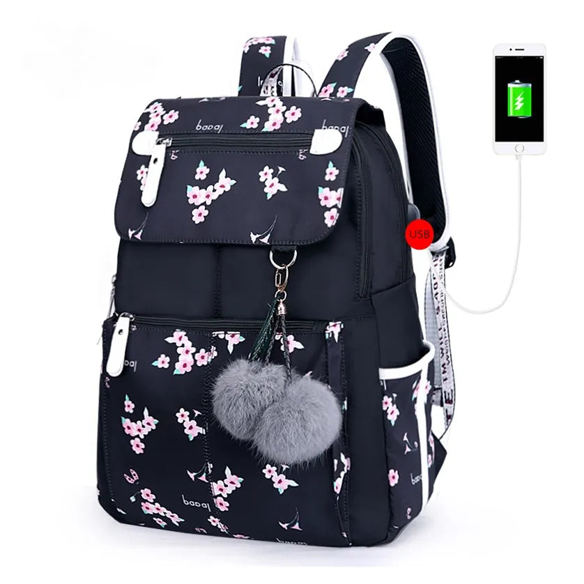 Fengdong female fashion school backpack usb school bags for girls black backpack plush ball girl schoolbag butterfly decoration