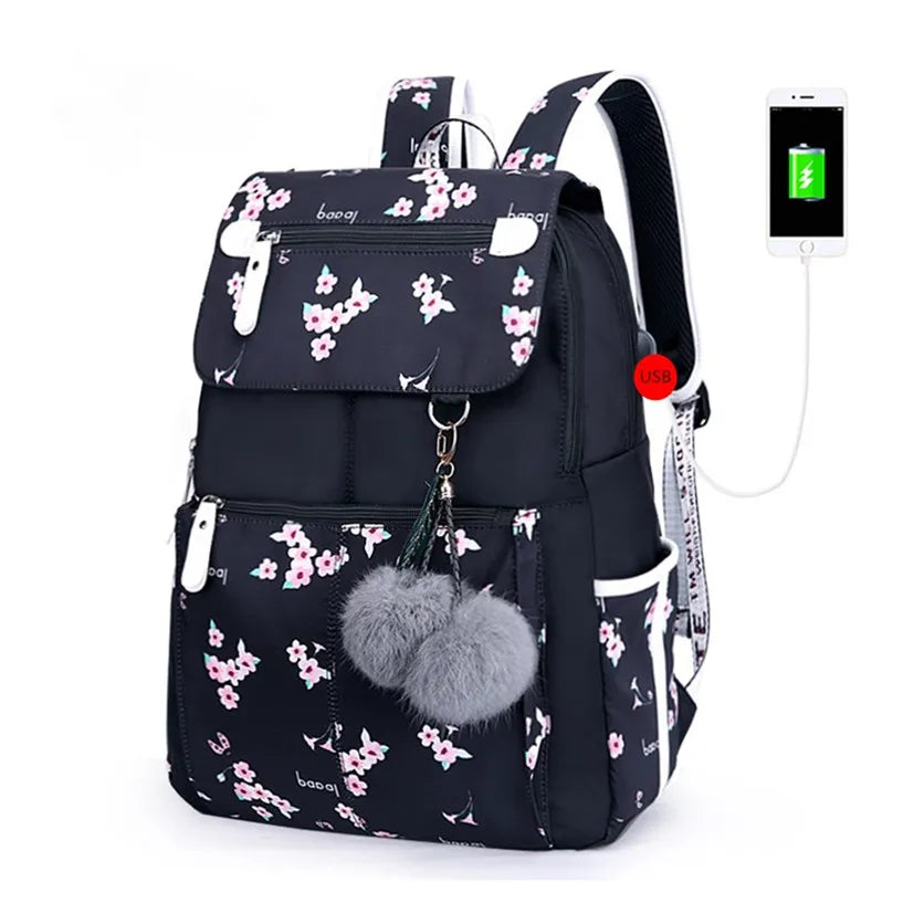 Fengdong female fashion school backpack usb school bags for girls black backpack plush ball girl schoolbag butterfly decoration