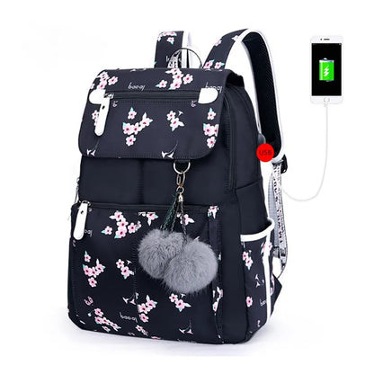 Fengdong female fashion school backpack usb school bags for girls black backpack plush ball girl schoolbag butterfly decoration