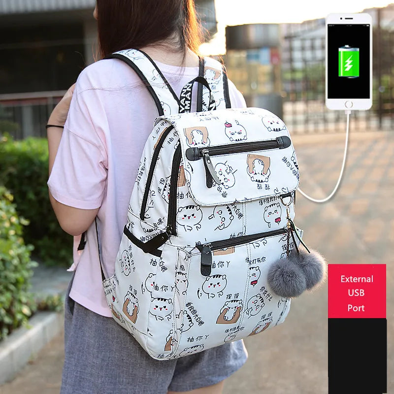 Fengdong female fashion school backpack usb school bags for girls black backpack plush ball girl schoolbag butterfly decoration