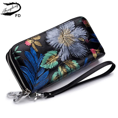 Fengdong female vintage black flower card wallet women clutch phone bag coins with a secret ladies leather purse for girls gift