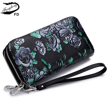 Fengdong female vintage black flower card wallet women clutch phone bag coins with a secret ladies leather purse for girls gift