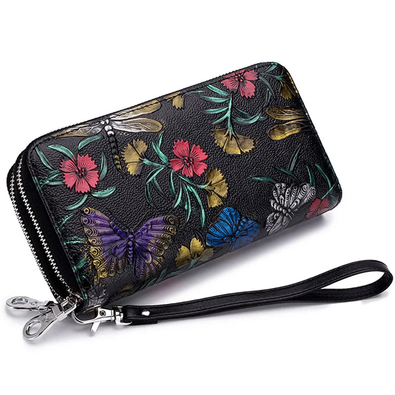 Fengdong female vintage black flower card wallet women clutch phone bag coins with a secret ladies leather purse for girls gift