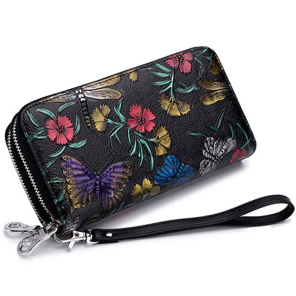 Fengdong female vintage black flower card wallet women clutch phone bag coins with a secret ladies leather purse for girls gift