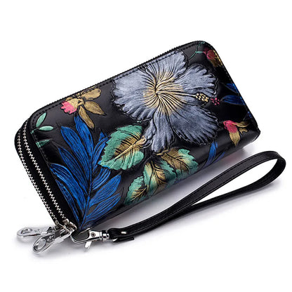 Fengdong female vintage black flower card wallet women clutch phone bag coins with a secret ladies leather purse for girls gift