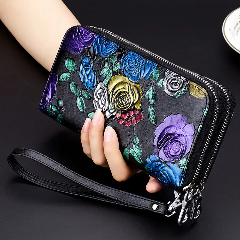Fengdong female vintage black flower card wallet women clutch phone bag coins with a secret ladies leather purse for girls gift