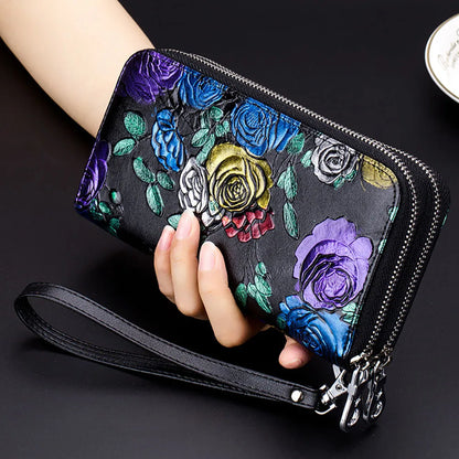 Fengdong female vintage black flower card wallet women clutch phone bag coins with a secret ladies leather purse for girls gift