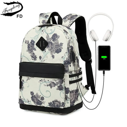 Fengdong flower school bags for girls teenagers usb backpack women bookbag middle high college school backpack teen schoolbag