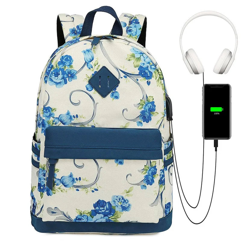 Fengdong flower school bags for girls teenagers usb backpack women bookbag middle high college school backpack teen schoolbag