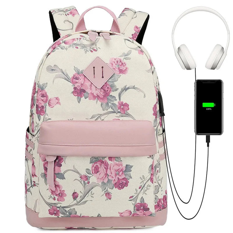 Fengdong flower school bags for girls teenagers usb backpack women bookbag middle high college school backpack teen schoolbag