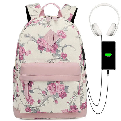 Fengdong flower school bags for girls teenagers usb backpack women bookbag middle high college school backpack teen schoolbag