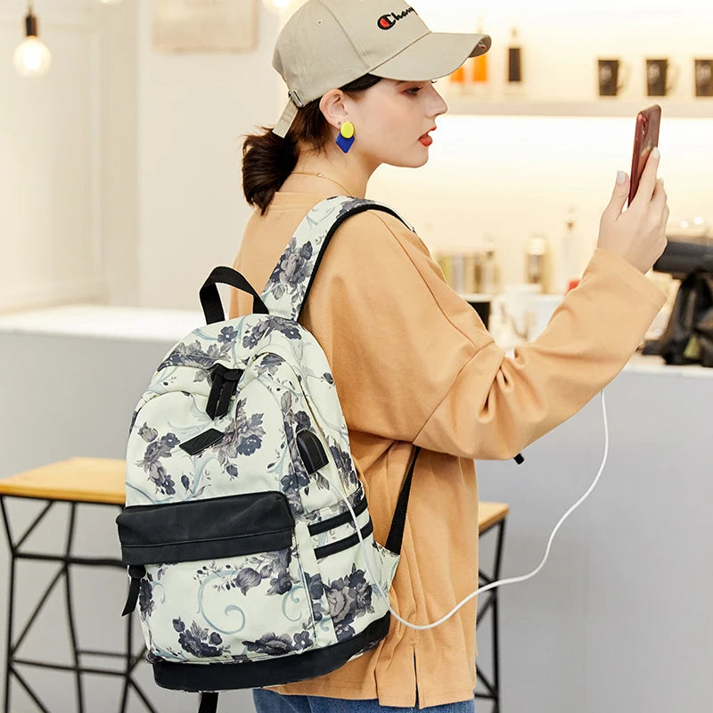 Fengdong flower school bags for girls teenagers usb backpack women bookbag middle high college school backpack teen schoolbag
