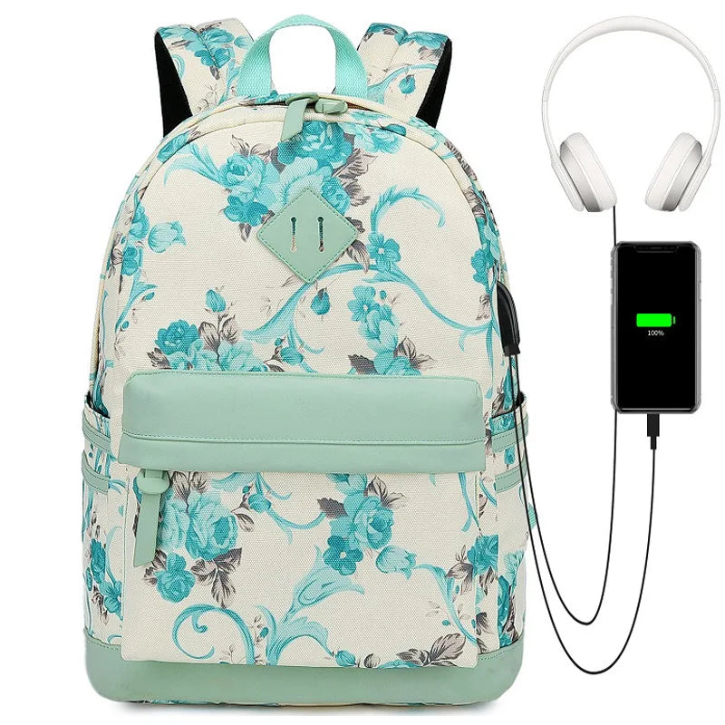 Fengdong flower school bags for girls teenagers usb backpack women bookbag middle high college school backpack teen schoolbag