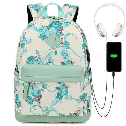 Fengdong flower school bags for girls teenagers usb backpack women bookbag middle high college school backpack teen schoolbag